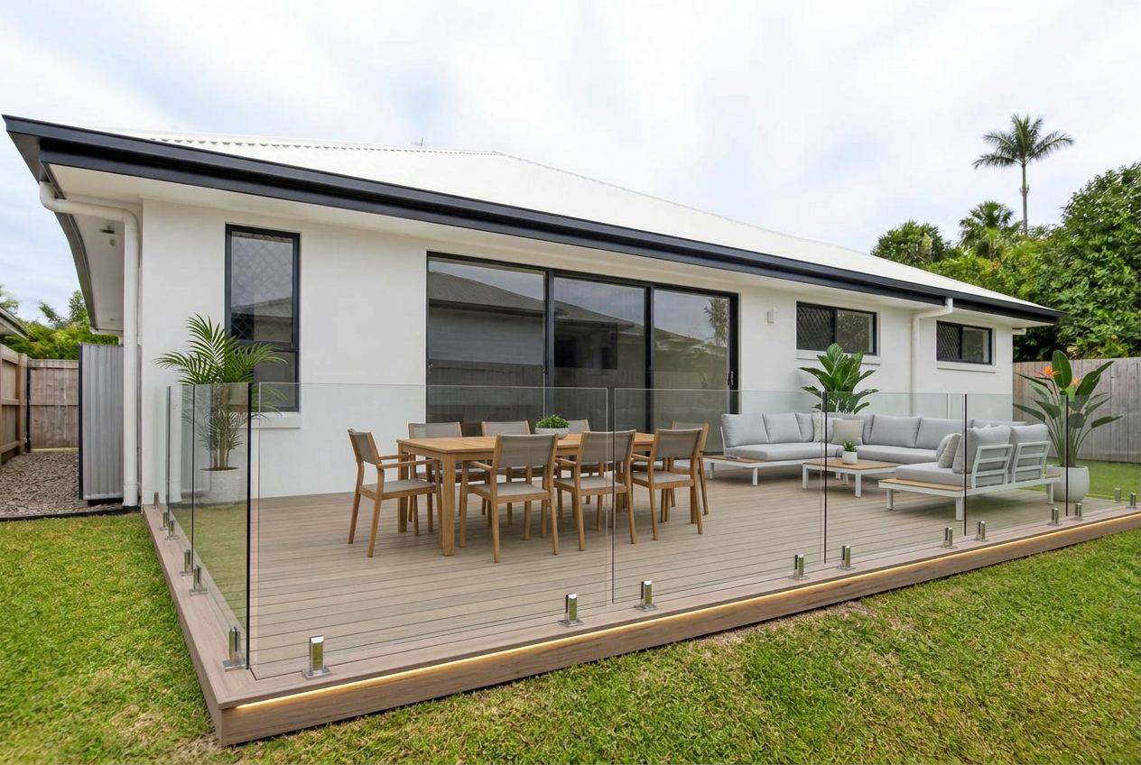 Composite deck with glass balustrades in the visual concept