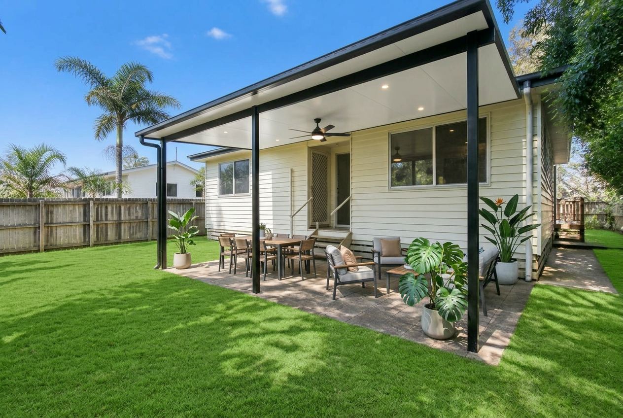 Insulated-roof pergola with alfresco dining in the visual concept