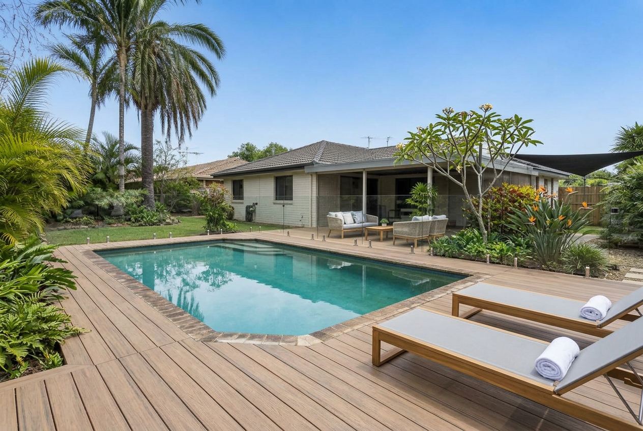 Composite poolside decking with glass fencing in the visual concept